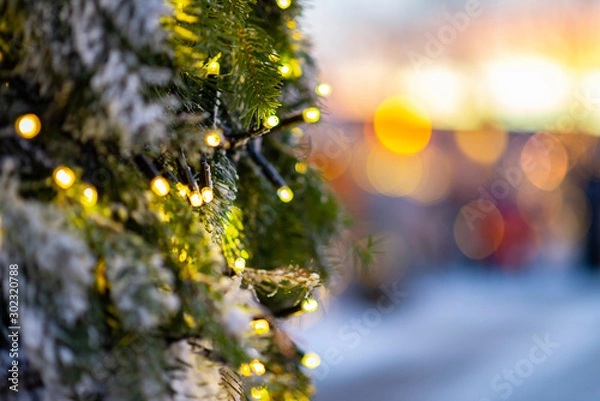 Fototapeta Close up of fairy lights chain on snowy christmas tree with colorful sunset and snow on background, bokeh lights