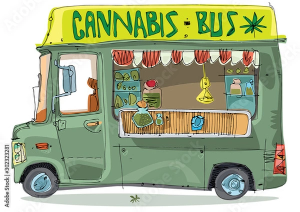 Obraz Bus full of all sorts marijuana. Cannabis fest. Street selling of weeds. Cartoon. Caricature.