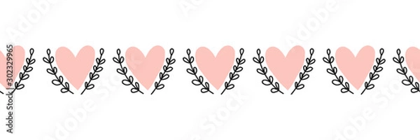 Fototapeta Doodle Hearts seamless vector border hand drawn. Pink heart shapes between leaf branches. Use for Valentines day, card decoration, fabric ribbon, packaging