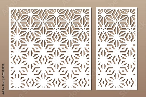 Fototapeta Set decorative card for cutting. Linear geometric mosaic pattern. Laser cut. Ratio 1:1, 1:2. Vector illustration.