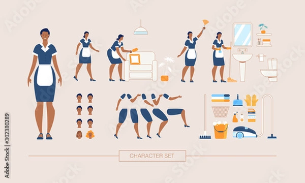 Fototapeta Hotel Cleaning Service Maid Character Constructor Isolated, Trendy Flat Design Elements Set. Working Female Servant in Uniform Various Poses, Body Parts, Face Expressions, Cleaning Tools Illustrations