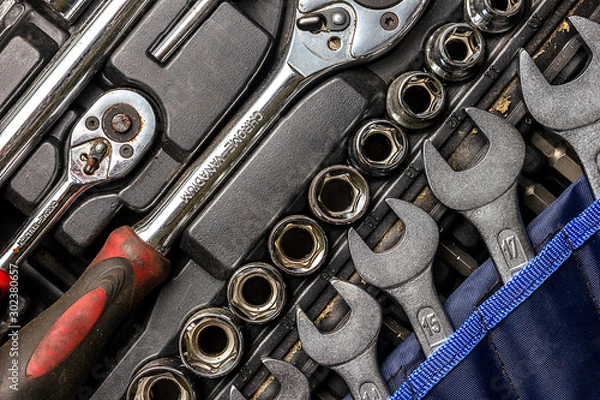 Fototapeta Men tools background. Worker tools and  equipments close-up.