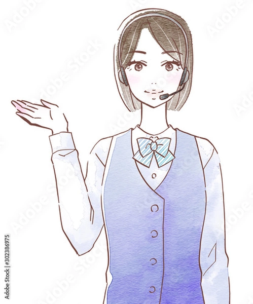 Obraz ヘッドセットを付けて右手で案内する若い女性オペレーター