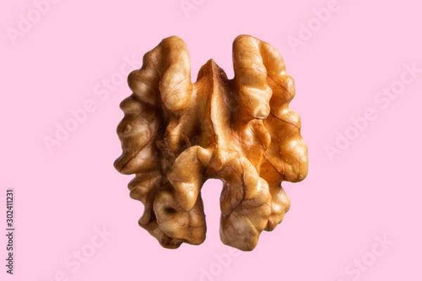 Obraz Peeled walnut isolated on colored pink backgroun. Peeled walnut top view, macro