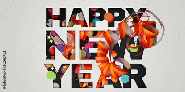 Fototapeta Happy New Year - inscription, lettering. Holiday event sign. Creative typography with colorful streamers. Chapter in presentattion. Calendar design. Festive banner or cover design. Illustration.
