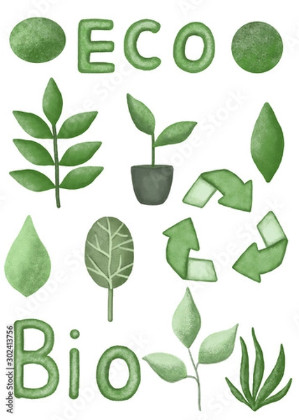 Fototapeta  Green elements on a white background for nature conservation. Ecology concept. Bio Ecological problems. Save the nature. Set clip art illustrations on the theme of ecology. Lettering. Save the planet