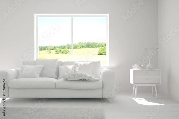Fototapeta Mock up of stylish room in white color with sofa. Scandinavian interior design. 3D illustration