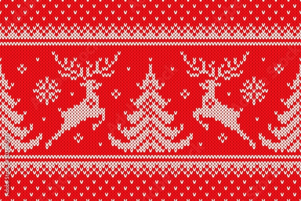 Fototapeta Traditional Winter Holiday Knitting Pattern with Reindeers and Christmas Trees. Scheme for Wool Knit Christmas Sweater Design or Cross Stitch Embroidery. Vector Seamless Background