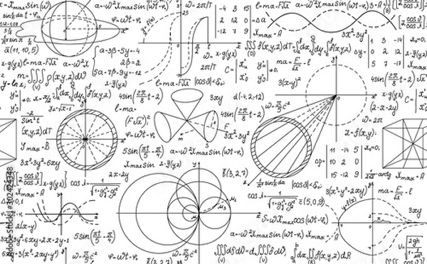 Fototapeta Matematyczne wektor bezszwowe tło z odręcznymi wzorami algebry i geometrii na białym papierze
