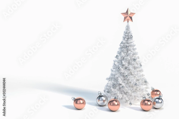 Fototapeta White christmas tree with metallic rose gold and silver christmas ball Ornaments on white background 3d rendering. 3d illustration minimal style, christmas and new year sale concept.