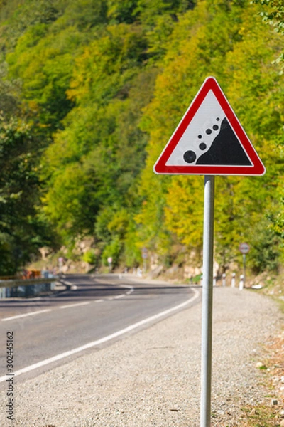 Obraz warning road sign - rockfall possible