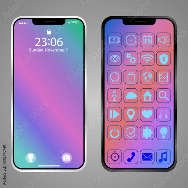 Fototapeta Mobile Smartphone vector illustration. Original design mockup screen, realistic detailed 3d model surface of isolated phone template. Object  for web, iot. Front and Back, homescreen and locksreen