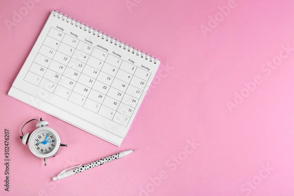 Obraz Calender, pen and alarm clock on pink background, flat lay. Space for text
