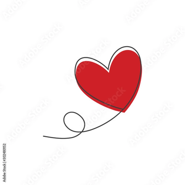 Fototapeta Heart shaped balloon in continuous drawing lines and glitch red heart in a flat style in continuous drawing lines. Continuous black line. The work of flat design. Symbol of love and tenderness