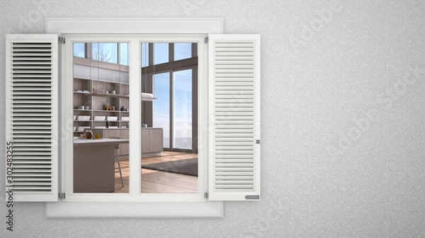 Fototapeta Exterior plaster wall with white window with shutters, showing interior modern kitchen, blank background with copy space, architecture design concept idea, mockup template
