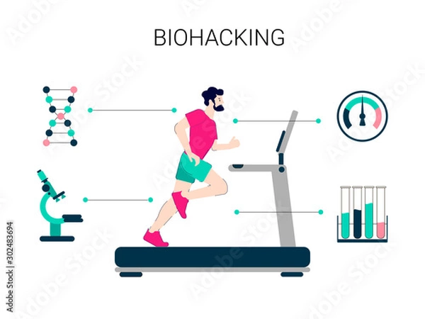 Fototapeta Biohacking vector illustration. Flat tiny self improvement persons concept. Biological health engineering using hacker ethic and anatomical AI monitoring. Grinder approach that affects organs wealth