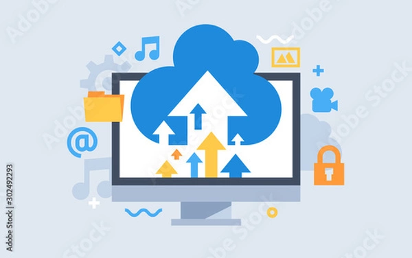 Obraz Cloud storage download. Flat vector illustration. Digital service or app with data transferring. Online computing technology.