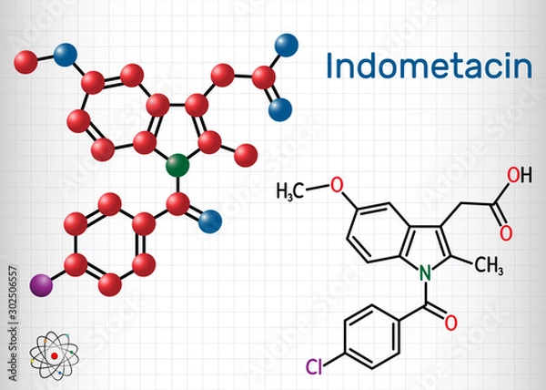 Fototapeta Indometacin molecule, is a nonsteroidal anti-inflammatory NSAID drug. Structural chemical formula and molecule model. Sheet of paper in a cage