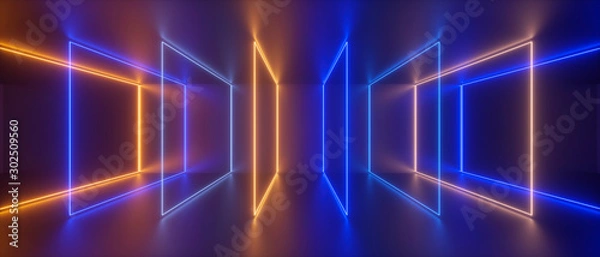 Obraz 3d abstrakcyjne tło neonowe, sekwencja klatek niebiesko-żółta kwadratowa, świecące światło, technologia holograficzna, widmo ultrafioletowe, metafora przechowywania plików cyfrowych, rzeczywistość wirtualna, pokaz laserowy