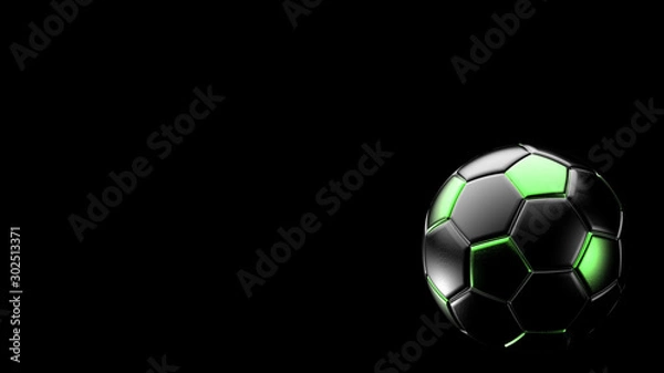 Fototapeta green and black soccer metal ball isolated on black background. Football 3d render illlustration. 