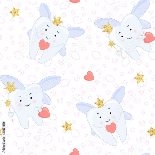 Fototapeta Tooth fairy Vector cartoon illustration. Stylized tooth Seamless pattern, background.