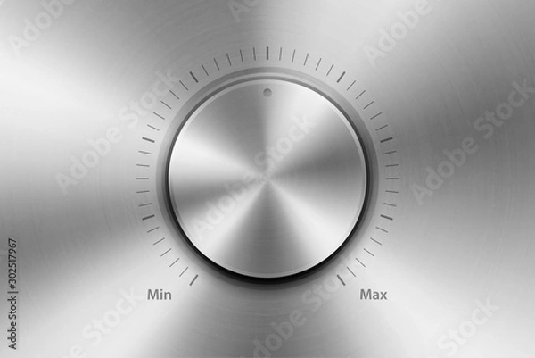 Fototapeta Realistic Metallic Steel Chrome Silver Knob. Design Template of Metal Textured Circle Button Closeup. Circular Processing, Power Volume Playback Control, Mininmum, Maximum. Stock Vector Illustration