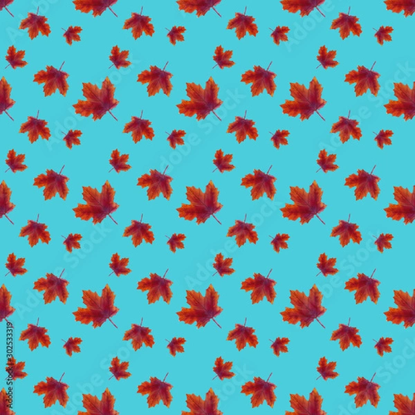 Obraz Seamless pattern with painted maple leaves. Watercolor realistic purple leaves. Botanical background