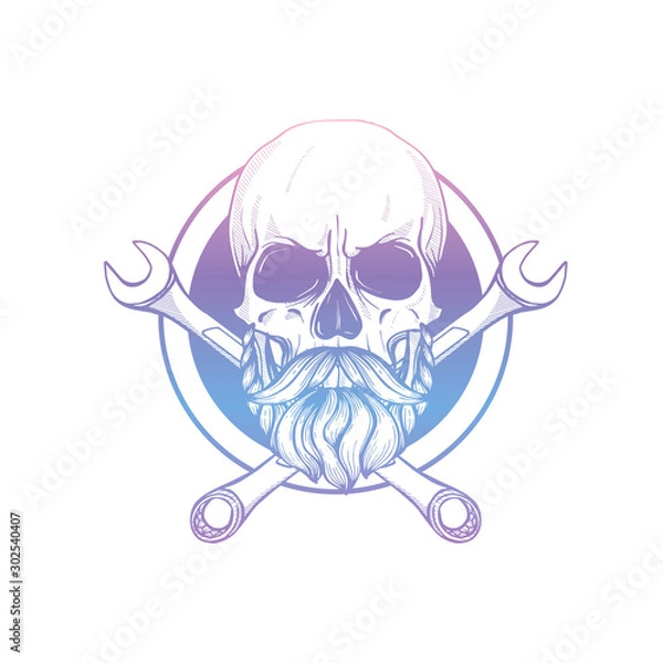 Fototapeta Hand drawn sketch, skull with wrench