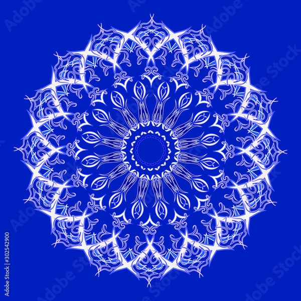 Obraz White snowflake, patterned lines, crystal on a blue background. Winter, Christmas, gifts and congratulations.