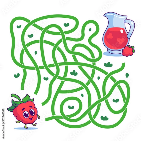 Obraz Help cute raspberry find path to juice. Labyrinth. Vegan maze game for kids. Vector illustration on white background.
