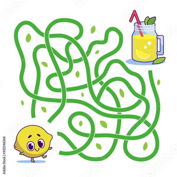 Obraz Help cute lemon find path to lemonade. Labyrinth. Vegan maze game for kids. Vector illustration on white background.
