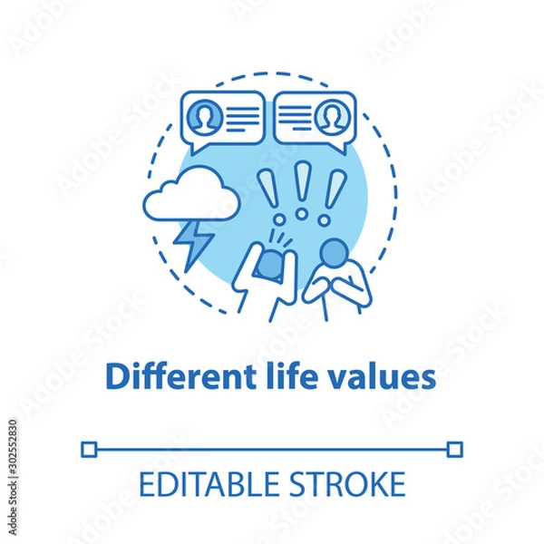 Fototapeta Different life values concept icon. Family quarrel. Disagreement. Inability to negotiate. Mutual accusations of partners idea thin line illustration. Vector isolated outline drawing. Editable stroke