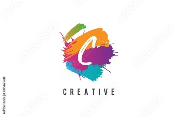 Fototapeta Hand lettering brush initial letter C inside colorful paintbrush template design
