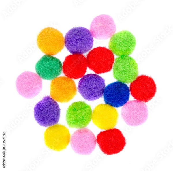 Obraz Colored pom pom, party and sewing decoration. Isolated on white.
