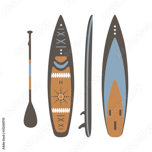 Fototapeta SUP board with paddle three sides. Three projections vector illustration. Surfboard types. Icon. Surfboard figure. Stand Up Paddle boarding elements.
