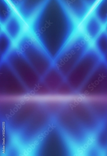 Fototapeta Empty dark background scene of the show. Neon ultraviolet blurry lights. Smoke, fog