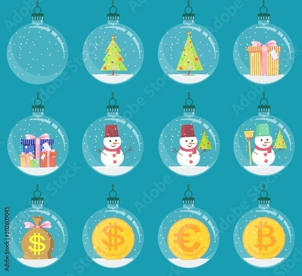 Obraz snow globe with christmas decoration inside. Stock flat vector illustration.