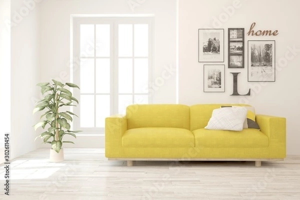 Fototapeta Stylish room in white color with sofa. Scandinavian interior design. 3D illustration