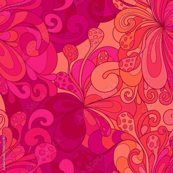 Fototapeta Seamless pattern with colorful magic mushrooms in doodle style. 60s hippie psychedelic art. Vector. Print for fabric
