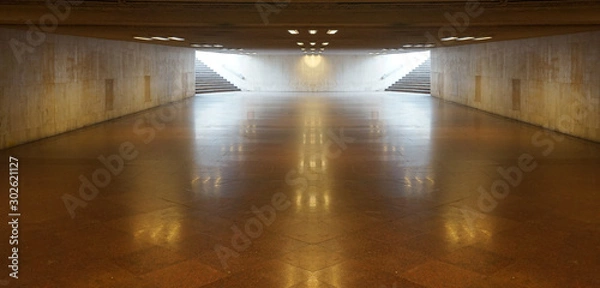 Fototapeta Perspective View of Empty Underground Tunnel Hallway, Pavement, Walkway in Vintage Design LED Light Ceiling Pattern and Ground Flooring Square Brick Pattern Texture Background for mock up
