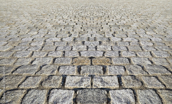 Fototapeta Perspective View Monotone Gray Brick Stone Pavement on The Ground for Street Road. Sidewalk, Driveway, Pavers, Pavement in Vintage Design Ground Flooring Square Pattern Texture Background