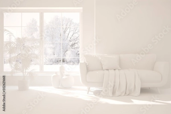 Obraz Mock up of stylish room in white color with sofa and winter landscape in window. Scandinavian interior design. 3D illustration