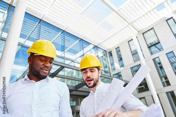 Fototapeta Two architects or construction manager with blueprint