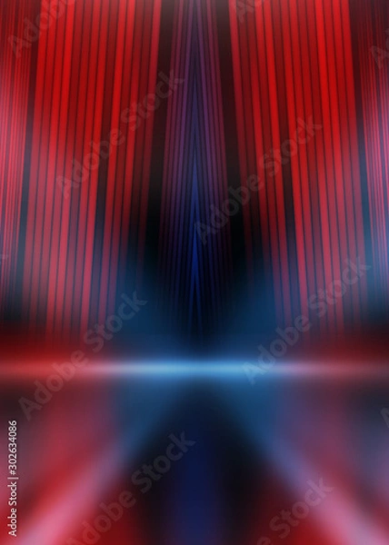 Fototapeta Empty show scene background. Reflection of a dark street on wet asphalt. Rays of red and blue neon light in the dark, neon shapes, smoke. Abstract dark background.