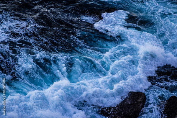 Obraz Violent energetic waves crashing on a rock in Sydney Australia. Light and dark blue water foaming whilst waves break to the shore. Deep Sea.