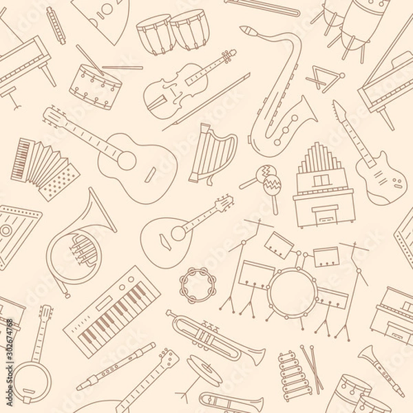 Obraz Music instruments background - Vector seamless pattern of string, guitar, piano, keyboard, wind, percussion, drum, for graphic design