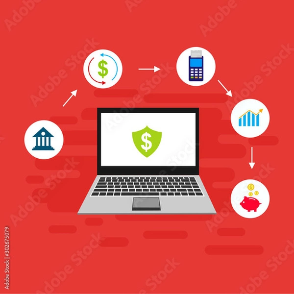 Fototapeta E-payment banner web icon for business, Application, E-wallet, NFC, QR code, Digital money, digital banking and block chain system payment. Minimal vector infographic.