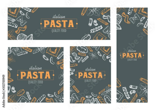 Fototapeta Pasta banners, cards design, vector hand drawn pasta elements design, set of various cards.