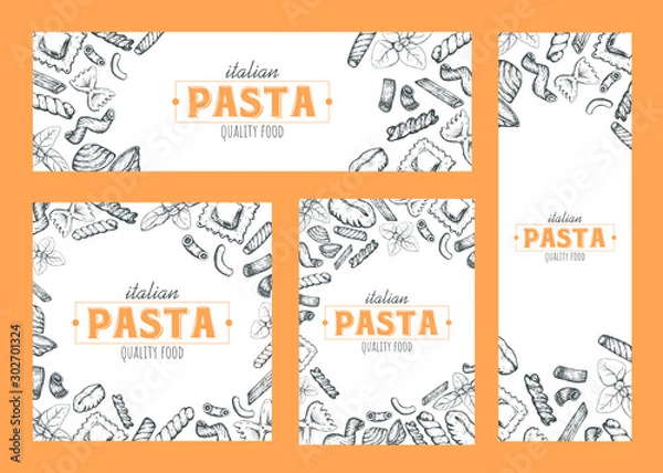 Fototapeta Pasta banners, cards design, vector hand drawn pasta elements design, set of various cards.