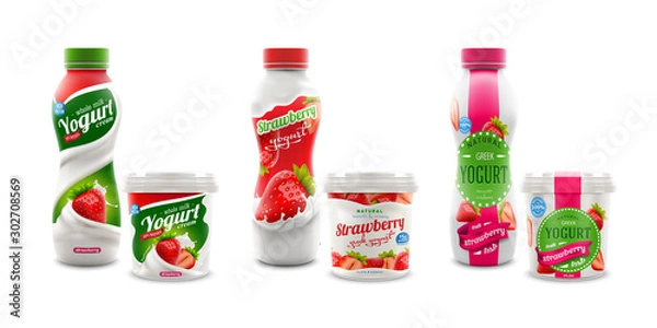 Obraz Set of three different strawberry yogurt packaging designs. Isolated on white background. Ready for branding, product promotion and advertising company desing. 
